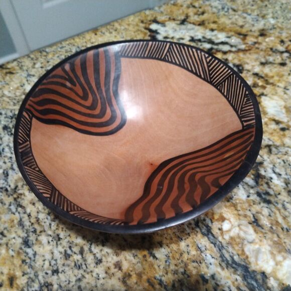 Vintage African Hand Carved Wooden Zebra Animal Print Serving Bowl Hand Painted - Picture 2 of 7